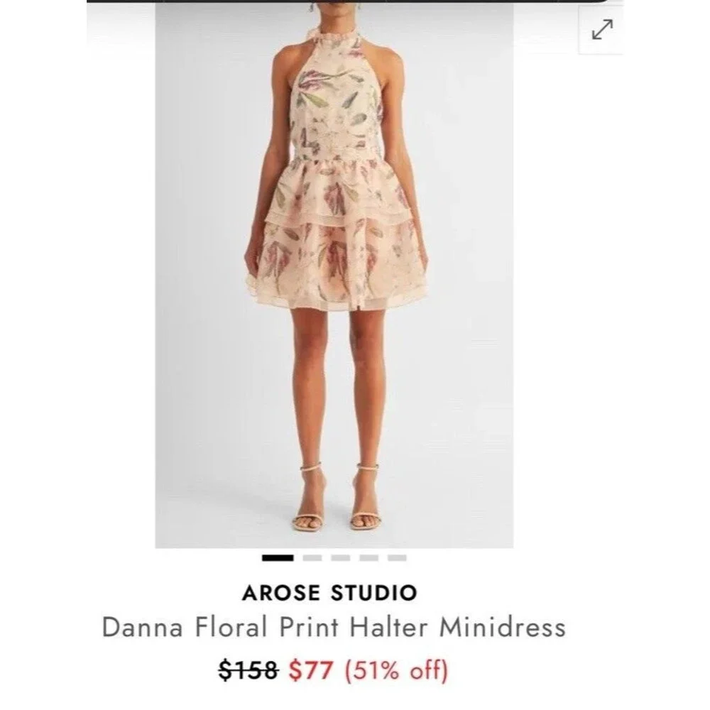 Arose Studio Danna Floral Print Halter Mini Dress Tiered Ruffle Size Large - Picture 2 of 16